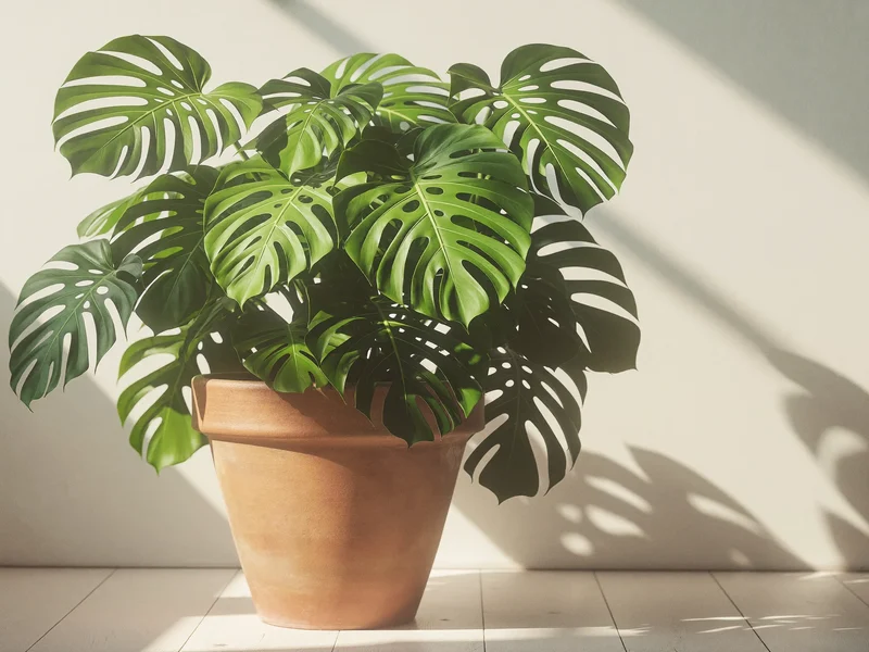 Monstera w terakotowej doniczce na jasnej drewnianej podłodze